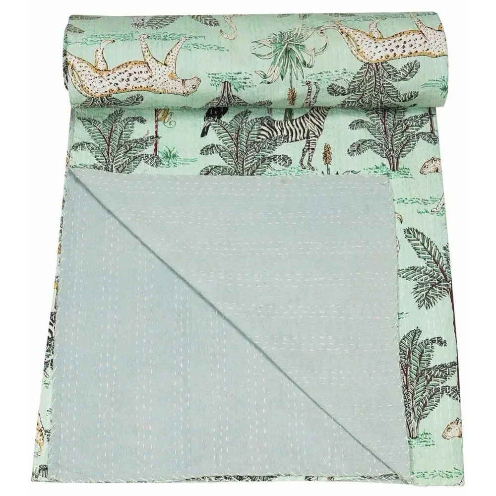 Marubhumi Indian Traditional Cotton Jungle Print Kantha Quilt Mint Queen